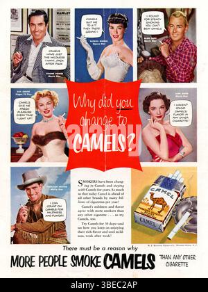 1953 Camel cigarettes ad featuring Tyrone Power, Patrice Munsel, Alan Ladd,  Eva Gabor, Jane Greer, Charlton Heston Stock Photo
