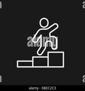 Person Climbing Steps or Stairs on Black Background, Representing Growth, Success, or Career Development, White Outline Icon Stock Vector