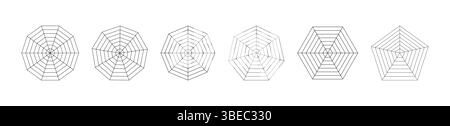 Radar, spider diagram flat templates. Spider mesh patterns. Polygon thin graphs. Diagram for statistic, analytic. Blank radar black charts. Minimalist Stock Vector