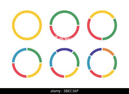 Donut charts segmented on equal parts from 1 to 6. Wheels divided in sections. Diagrams multicoloured infographic. Circle section graph. Pie, pizza Stock Vector