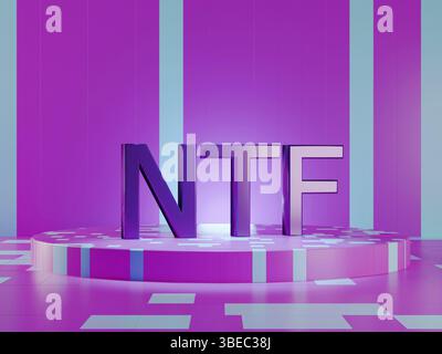NTF text on vivid tech violet background. Non-refundable token. 3d render. Crypto art place for selling. Blockchain concept. High quality 3d illustrat Stock Photo