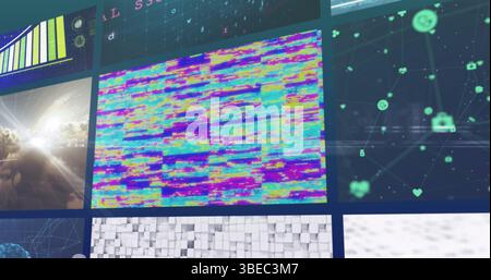 Displaying central glitch panel showing glitch bars on dim wall, with nine digital display panels Stock Photo