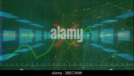 Displaying green jagged trend line across grid interface, with yellow nodes, red X markers Stock Photo