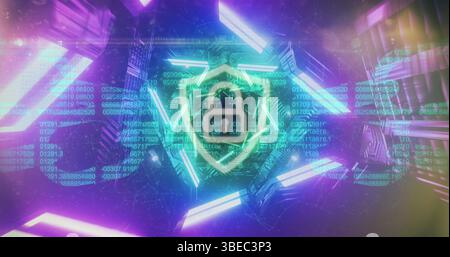 Image of digital data processing and security padlock over dark background Stock Photo