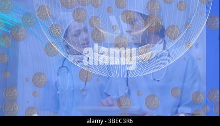 Image of falling coins over two caucasian doctors Stock Photo