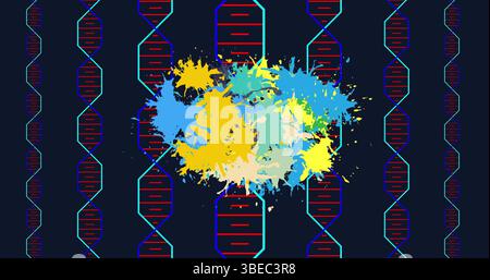 Image of chemical formulas and data processing over rotating dna chain Stock Photo