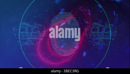 Displaying biometric fingerprint pulsing on UI with neon pink ring, data fragments, network nodes Stock Photo