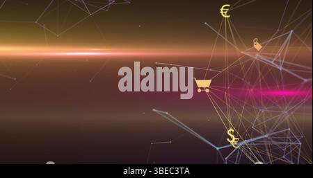 Showing network connections in digital space, with cart, Euro, US dollar, padlock icons, copy space Stock Photo
