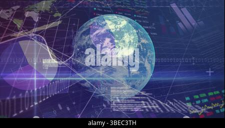 Presenting globe rotating in dark interface, showing pie, bar and line charts with binary code Stock Photo