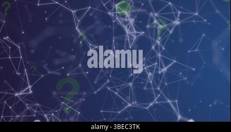 Network of connections and multiple green question mark icon floating against blue background Stock Photo