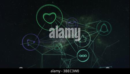 Network of digital icons against network of hexagons spinning on black background Stock Photo