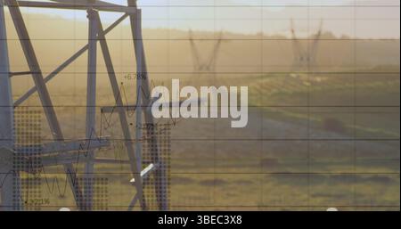 Image of data processing over modern building and pylons Stock Photo