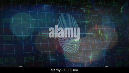 Displaying fingerprint line scanning on security screen, with stock grid and candlestick chart Stock Photo