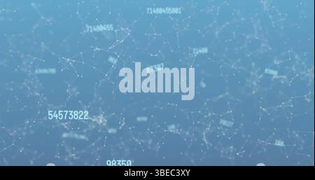 Displaying data network floating in virtual space, with glowing nodes and floating numeric labels Stock Photo
