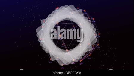 Abstract geometrical shape and globe of digital icons spinning against blue background Stock Photo