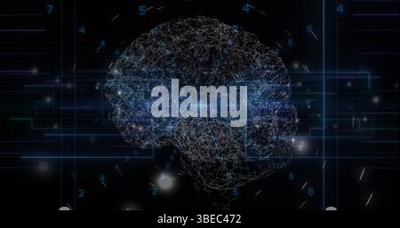 Blue light trails and human brain spinning against blue background Stock Photo
