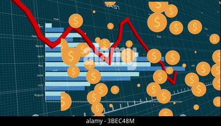 Multiple dollar symbol icons over statistical data processing against blue background Stock Photo