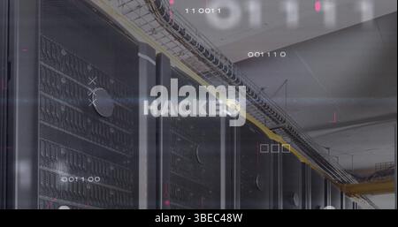 Image of hacked text and data processing over server room Stock Photo