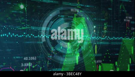 Image of processing circle over financial graphs on black background Stock Photo