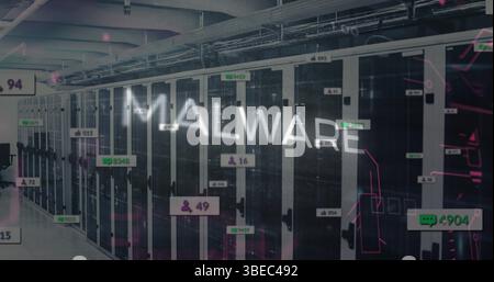 Image of malware text and data processing over server room Stock Photo