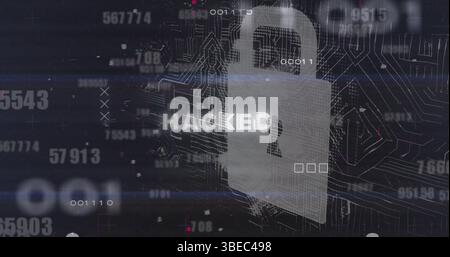 Image of data processing over hacked text Stock Photo