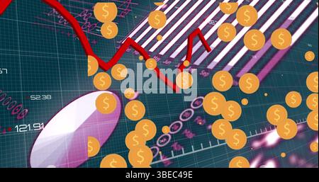 Multiple dollar symbol icons over statistical data processing against blue background Stock Photo