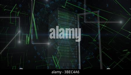 Blue light trails and data processing over computer server against black background Stock Photo