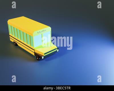 3d render of trees and school bus on blue background in neon colors. High quality 3d illustration Stock Photo