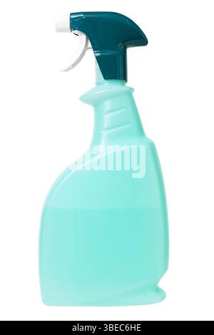 Green plastic spray bottle with cleaning liquid isolated on white background Stock Photo