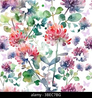 Seamless watercolor pattern with colorful wildflowers. Clover Watercolor Flower with Butterflies. hand drawn. Not AI, Vector illustration Stock Vector