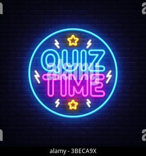 Quiz neon sign, glowing game night design. Vector illustration with vibrant text QUIZ TIME in neon style on dark background. Ideal for trivia Stock Vector