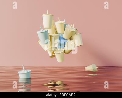 Many plastic cups levitating near planet Earth on pink background. Plastic pollution ecology problem. 3d render. High quality 3d illustration Stock Photo