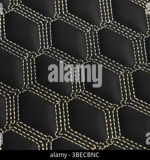 Texture of black leather background with square pattern and stitch, macro Stock Photo