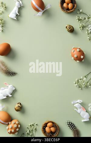 Happy Easter vertical banner design. Frame of brown Easter eggs decorated flowers, quail eggs, ceramic bunnies on pastel green background. Flat lay, t Stock Photo