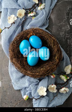 Top view blue Easter eggs in nest with cherry blossoms branches. Stock Photo