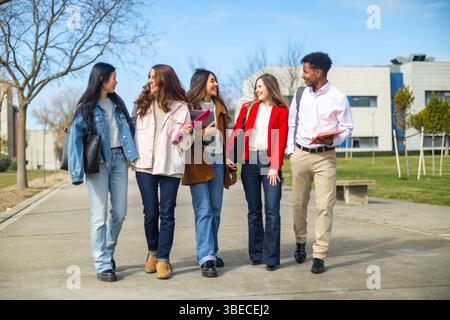 Multi ethnic group of university students walking and chatting together on campus, enjoying a sunny day filled with laughter and friendship Stock Photo