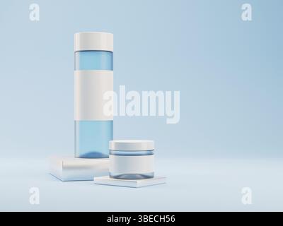 3d render of glass matte jar with empty label. Make up or skin care cosmetics. White lid in and white studio background. e-commerce mockup. High quali Stock Photo