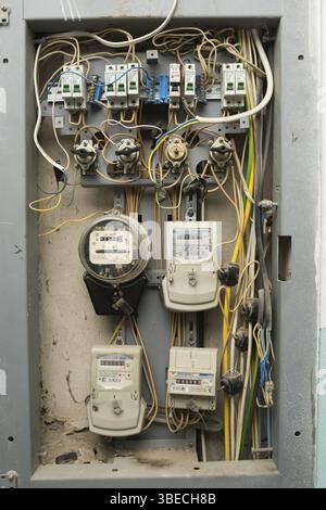 Electric meters on a residential building in Arequipa, Peru Stock Photo ...