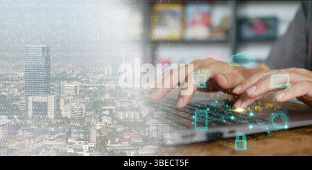 Digital technology and cloud computing: concept. A man using his laptop to connect to global online network to create, store, process, and communicate Stock Photo