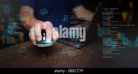 Digital technology and cloud computing: concept. A man using a mouse and laptop to create, store, process, and communicate information as data represe Stock Photo