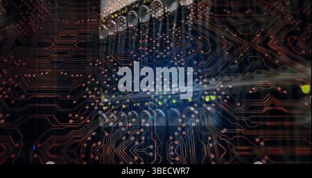 Image of integrated circuit over servers Stock Photo