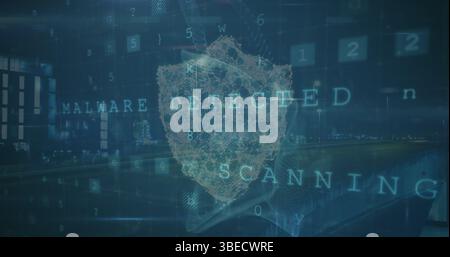 Image of digital shield over scanning and data processing on digital screen Stock Photo