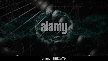 Image of dna rotating over brain on black background Stock Photo