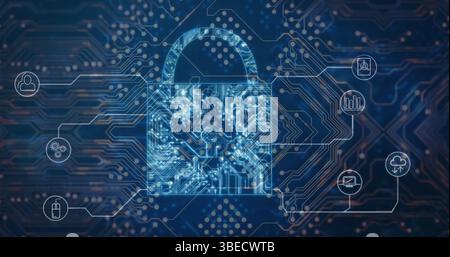 Image of integrated circuit and digital padlock over navy background Stock Photo