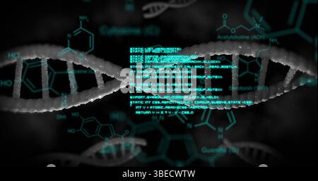 Image of dna rotating over scientific data on black background Stock Photo