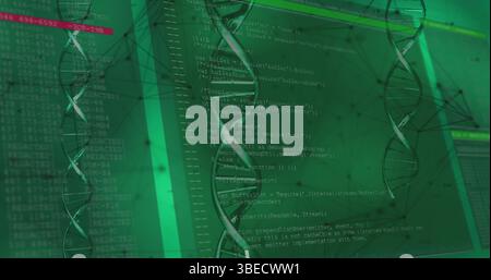 Image of dna rotating over data, lines and shapes on green background Stock Photo