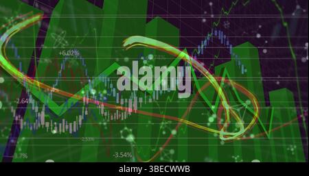 Image of molecular structures and light trails over financial and statistical data processing Stock Photo