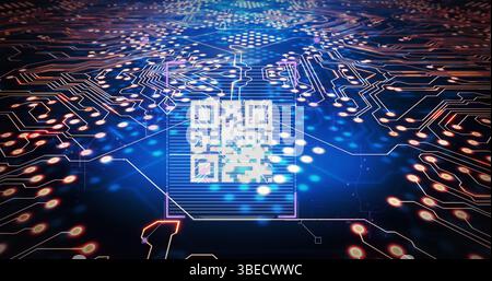 Image of integrated circuit and qr code on navy background Stock Photo