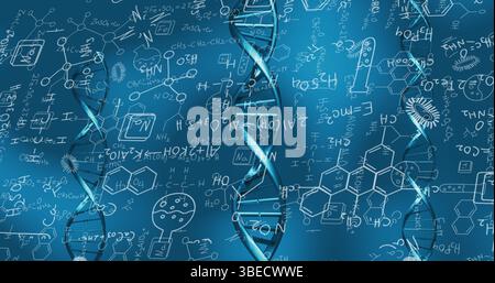 Image of dna rotating over chemical formulas on blue background Stock Photo