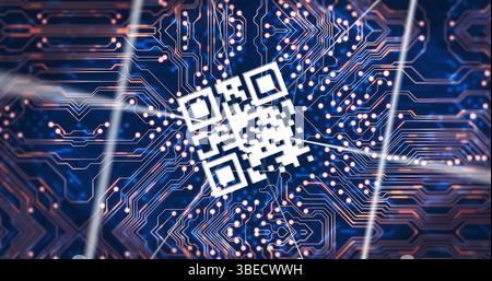 Image of integrated circuit and qr code on navy background Stock Photo
